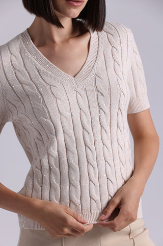 Sparkle Cotton Blend Cable Short Sleeve V