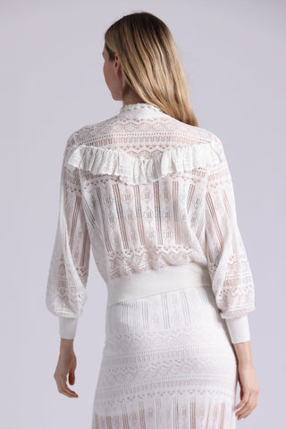 Cotton Blend Mock Neck With Ruffle Detail Lace Top