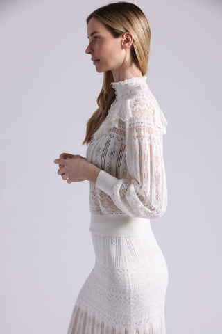 Cotton Blend Mock Neck With Ruffle Detail Lace Top