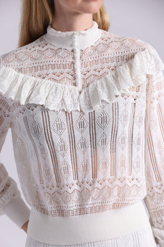 Cotton Blend Mock Neck With Ruffle Detail Lace Top