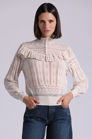 Cotton Blend Mock Neck With Ruffle Detail Lace Top