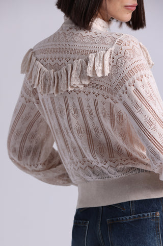 Cotton Blend Mock Neck With Ruffle Detail Lace Top