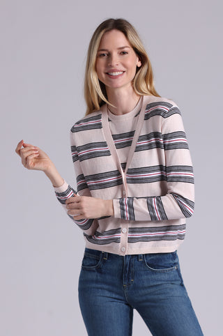 Cotton Cashmere Striped V Neck Cardigan