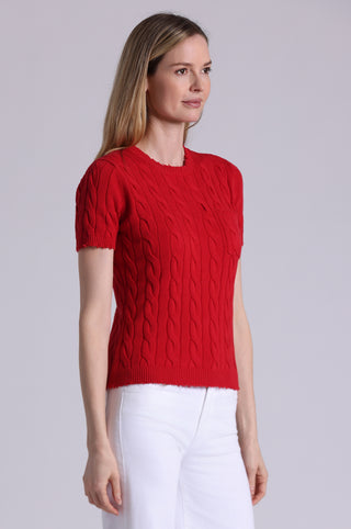 Cotton Frayed Cable Short Sleeve Tee with Pocket