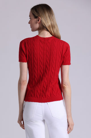 Cotton Frayed Cable Short Sleeve Tee with Pocket