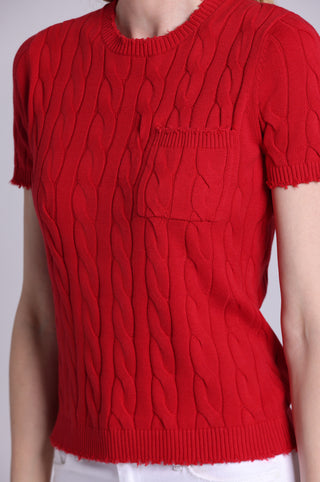 Cotton Frayed Cable Short Sleeve Tee with Pocket