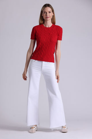 Cotton Frayed Cable Short Sleeve Tee with Pocket
