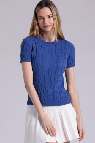 Cotton Frayed Cable Short Sleeve Tee with Pocket