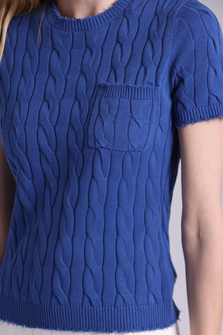 Cotton Frayed Cable Short Sleeve Tee with Pocket