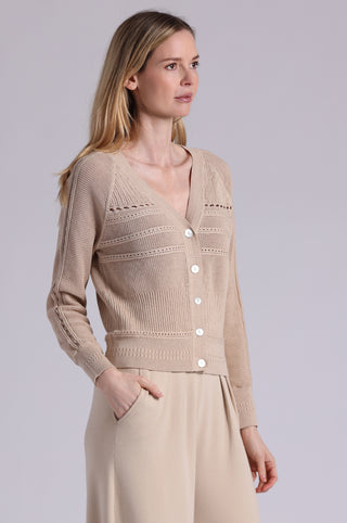 Cotton Cashmere Pointelle Mix V Neck Cardigan