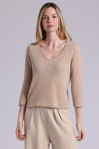 Sheer Luxury Cashmere 3/4 Sleeve V Neck