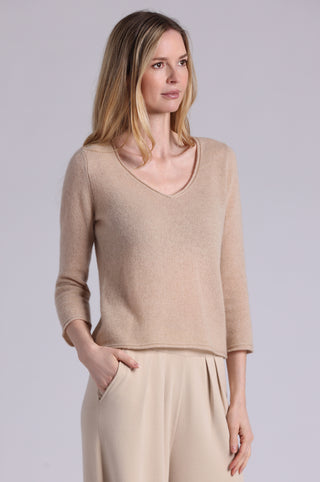Sheer Luxury Cashmere 3/4 Sleeve V Neck