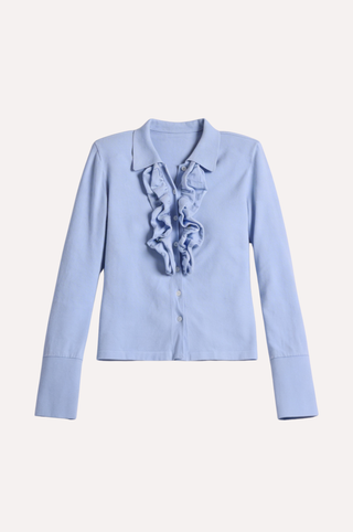 Viscose Long Sleeve Collared Shirt With Ruffles