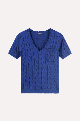 Cotton Frayed Cable V Neck Tee with Pocket