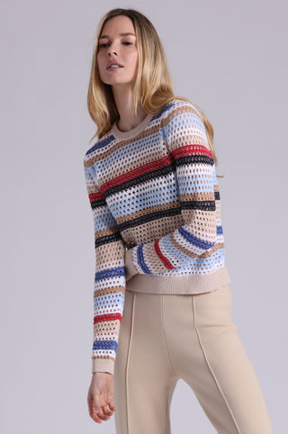 Cotton Cashmere Plaited Mesh Stripe Long Sleeve Crew