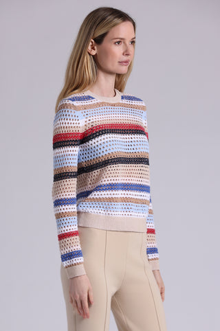 Cotton Cashmere Plaited Mesh Stripe Long Sleeve Crew
