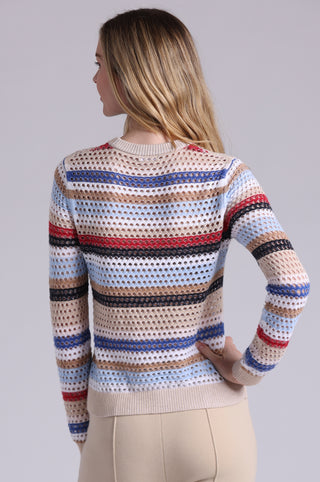 Cotton Cashmere Plaited Mesh Stripe Long Sleeve Crew