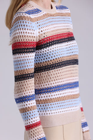 Cotton Cashmere Plaited Mesh Stripe Long Sleeve Crew
