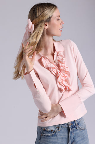 Viscose Long Sleeve Collared Shirt With Ruffles