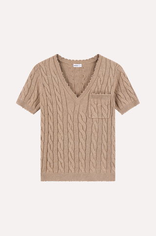 Cotton Frayed Cable V Neck Tee with Pocket