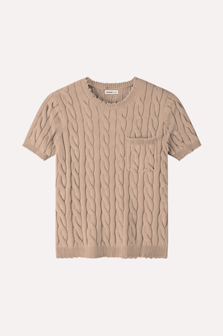 Cotton Frayed Cable Short Sleeve Tee with Pocket