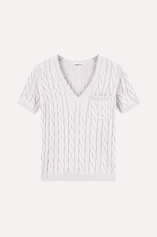 Cotton Frayed Cable V Neck Tee with Pocket