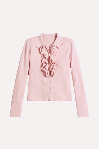 Viscose Long Sleeve Collared Shirt With Ruffles
