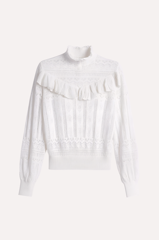 Cotton Blend Mock Neck With Ruffle Detail Lace Top