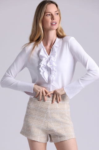 Viscose Long Sleeve Collared Shirt With Ruffles