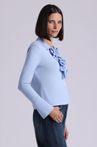 Viscose Long Sleeve Collared Shirt With Ruffles