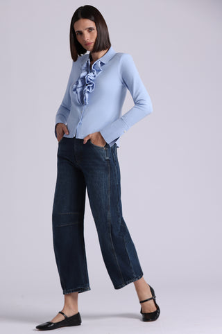 Viscose Long Sleeve Collared Shirt With Ruffles