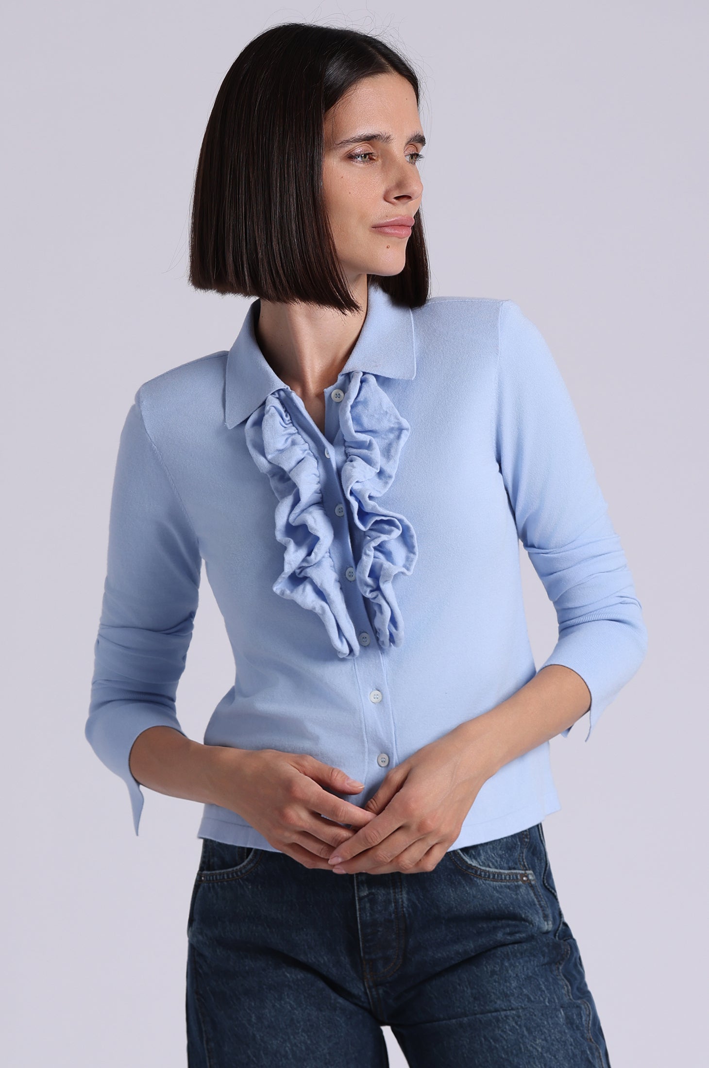 dress shirt with frills Viscose Long Sleeve Collared Shirt With Ruffles Sky Blue / XS