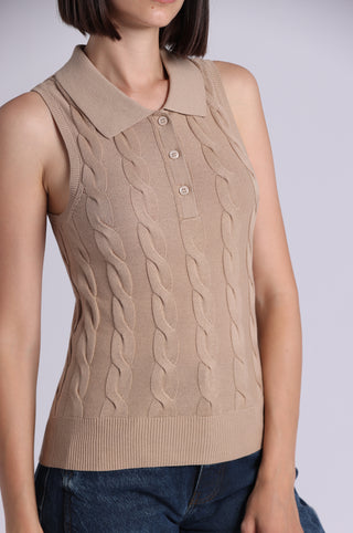 Cotton Sleeveless Cable Polo