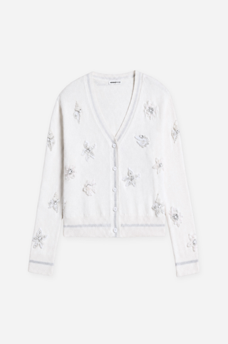 Cotton Cashmere Pearl Applique Cardigan With Sheer Tipping