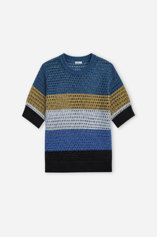Plaited Mesh Striped Short Sleeve Crew