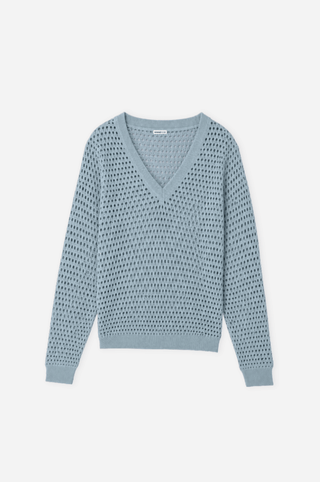 Solid Mesh Long Sleeve V Neck