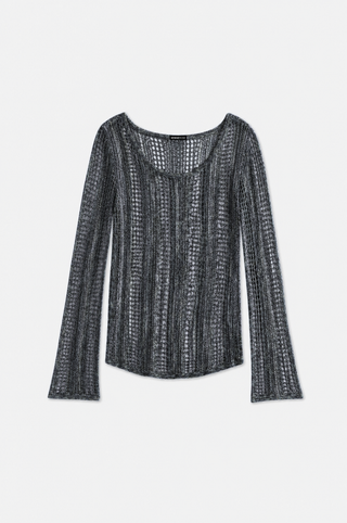Sequin Pointelle Stripe Bell Sleeve Boat Neck