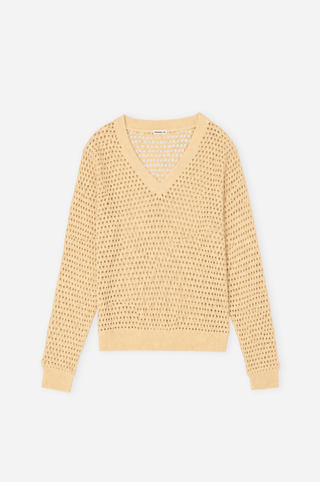 Solid Mesh Long Sleeve V Neck