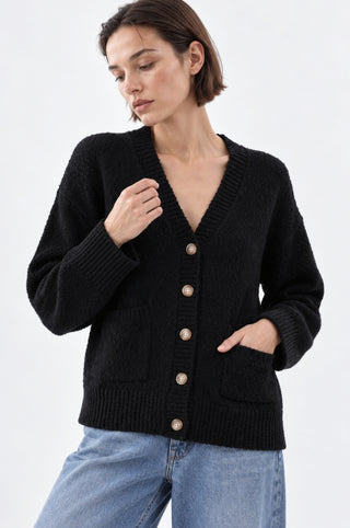 Cotton Boucle V Neck Cardigan