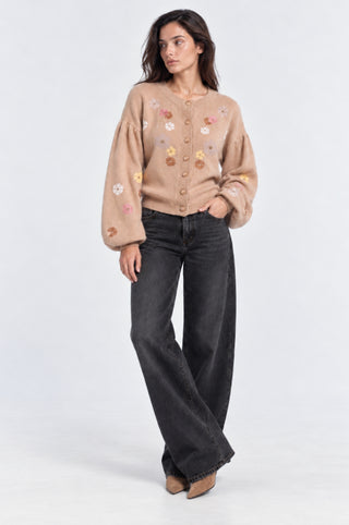 Balloon Crew Neck Cardigan with Floral Embroidery