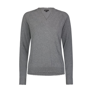 Fine Cotton Cashmere Distressed Long Sleeve V-Neck - Grey Shadow