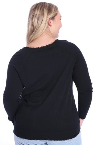 Plus Size Cotton Cashmere Distressed Long Sleeve V-Neck Sweater - Black