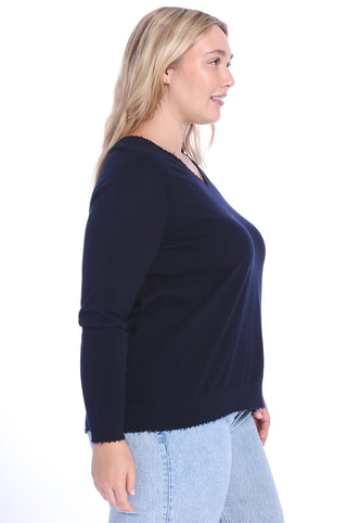 Plus Size Cotton Cashmere Distressed Long Sleeve V-Neck Sweater- Navy