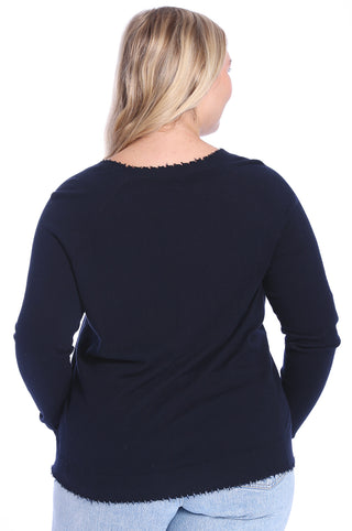 Plus Size Cotton Cashmere Distressed Long Sleeve V-Neck Sweater