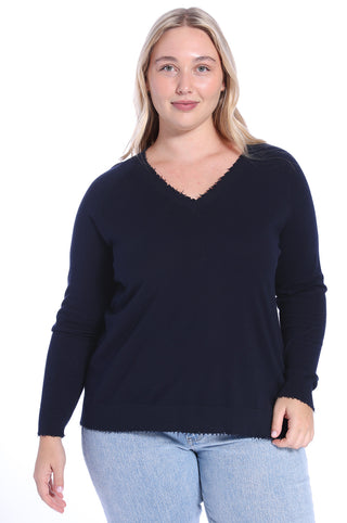 Plus Size Cotton Cashmere Distressed Long Sleeve V-Neck Sweater- Navy