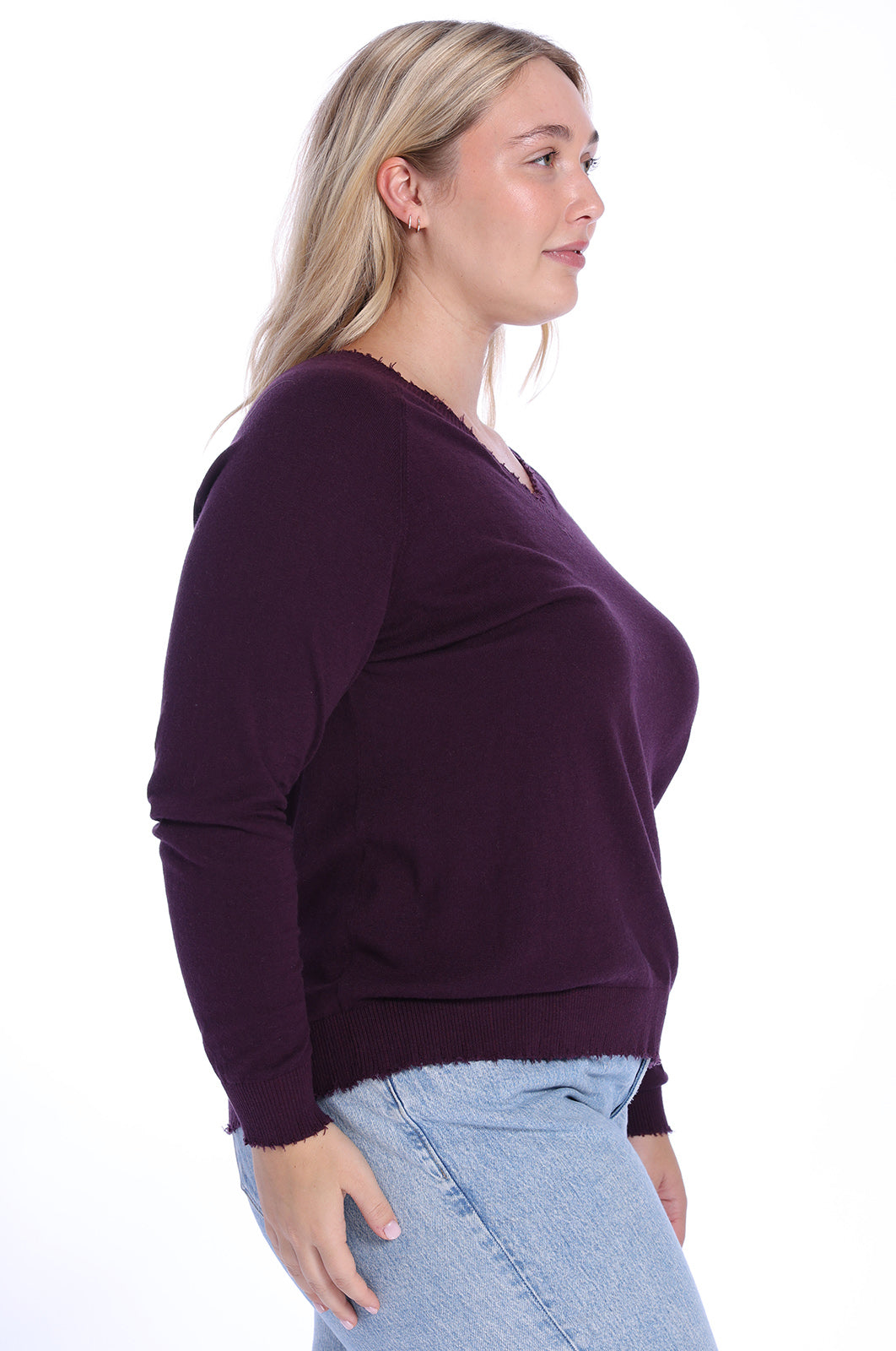 Plus Size Cotton Cashmere Distressed Long Sleeve V-Neck Sweater