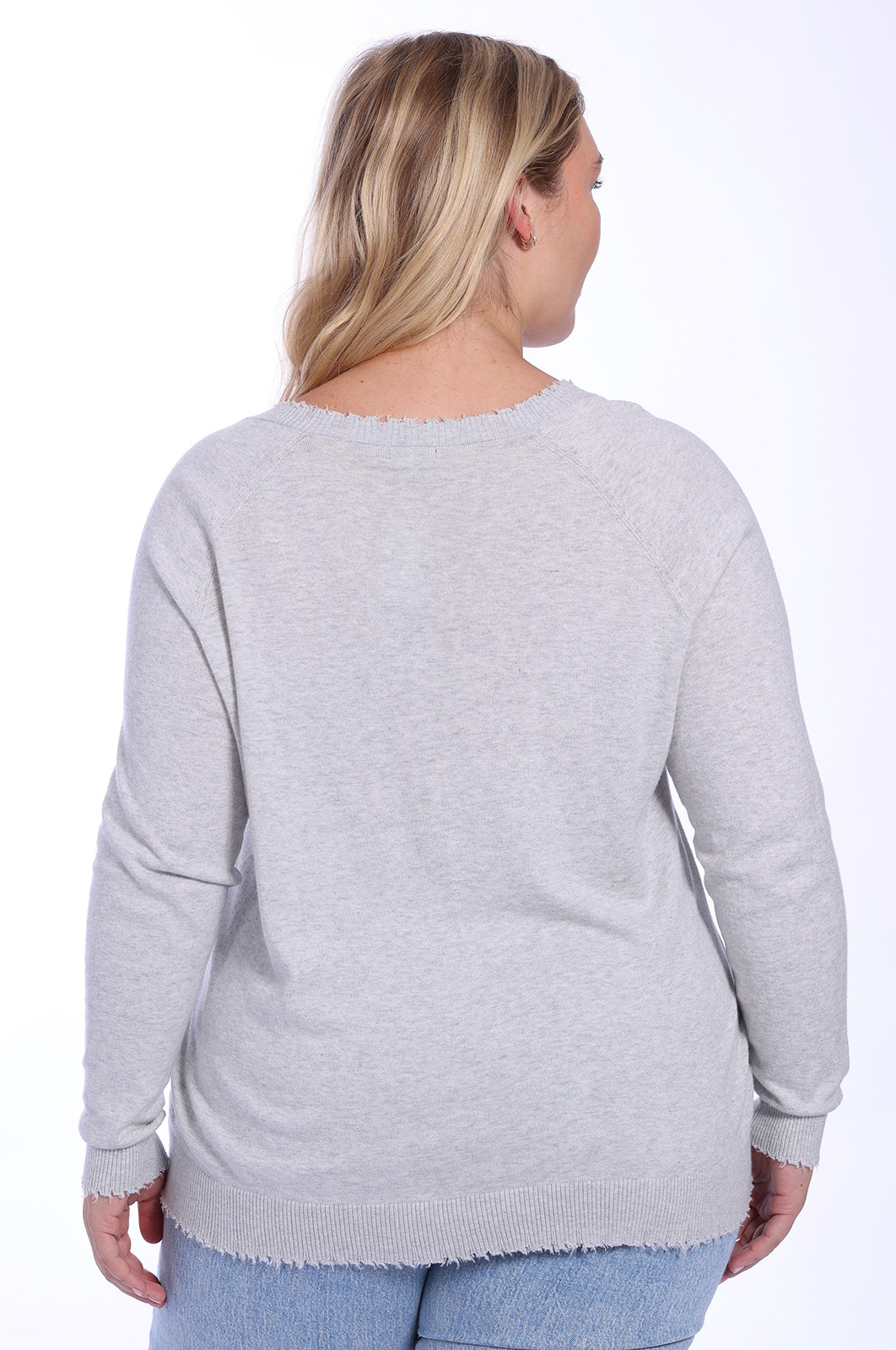 Plus Size Cotton Cashmere Distressed Long Sleeve V-Neck