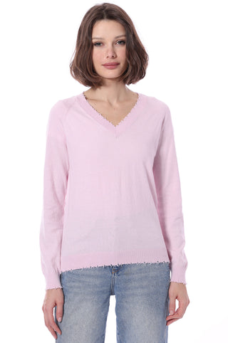 Fine Cotton Cashmere Distressed Long Sleeve V-Neck - Dior Pink