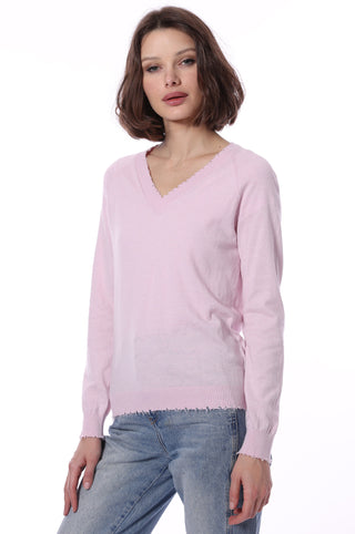 Fine Cotton Cashmere Distressed Long Sleeve V-Neck - Dior Pink
