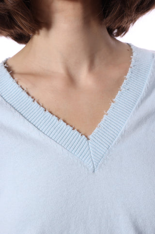 Fine Cotton Cashmere Distressed Long Sleeve V-Neck - Baby Blue